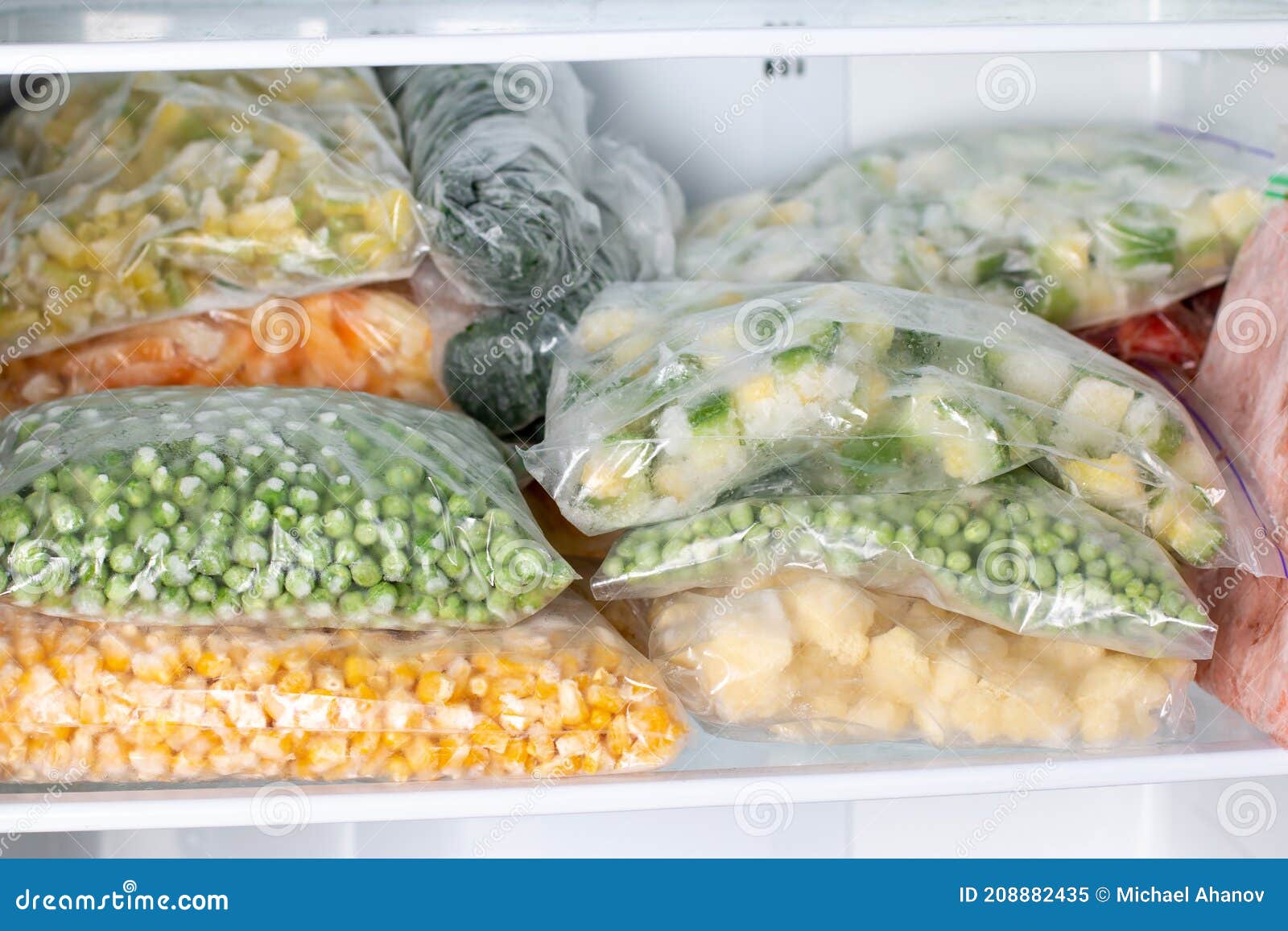 Plastic Bags with Deep Frozen Vegetables in Refrigerator Horizontal Stock Image Image of food