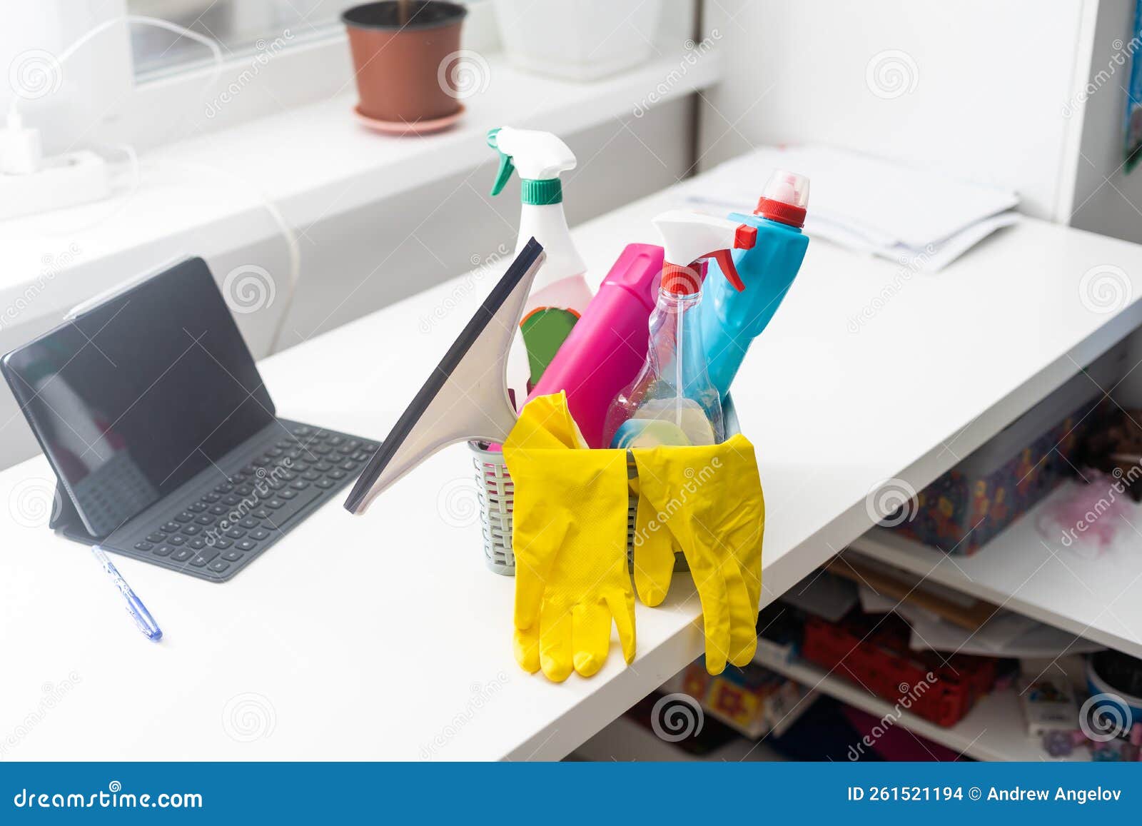 Plastic Basket with Cleaning Supplies in Home Stock Photo Image of