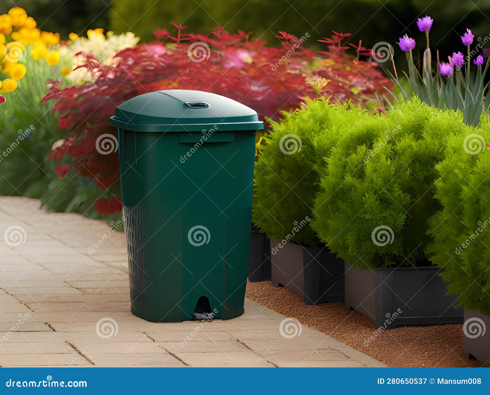 Plastic Bin in Garden Plant, AI Generated Stock Illustration