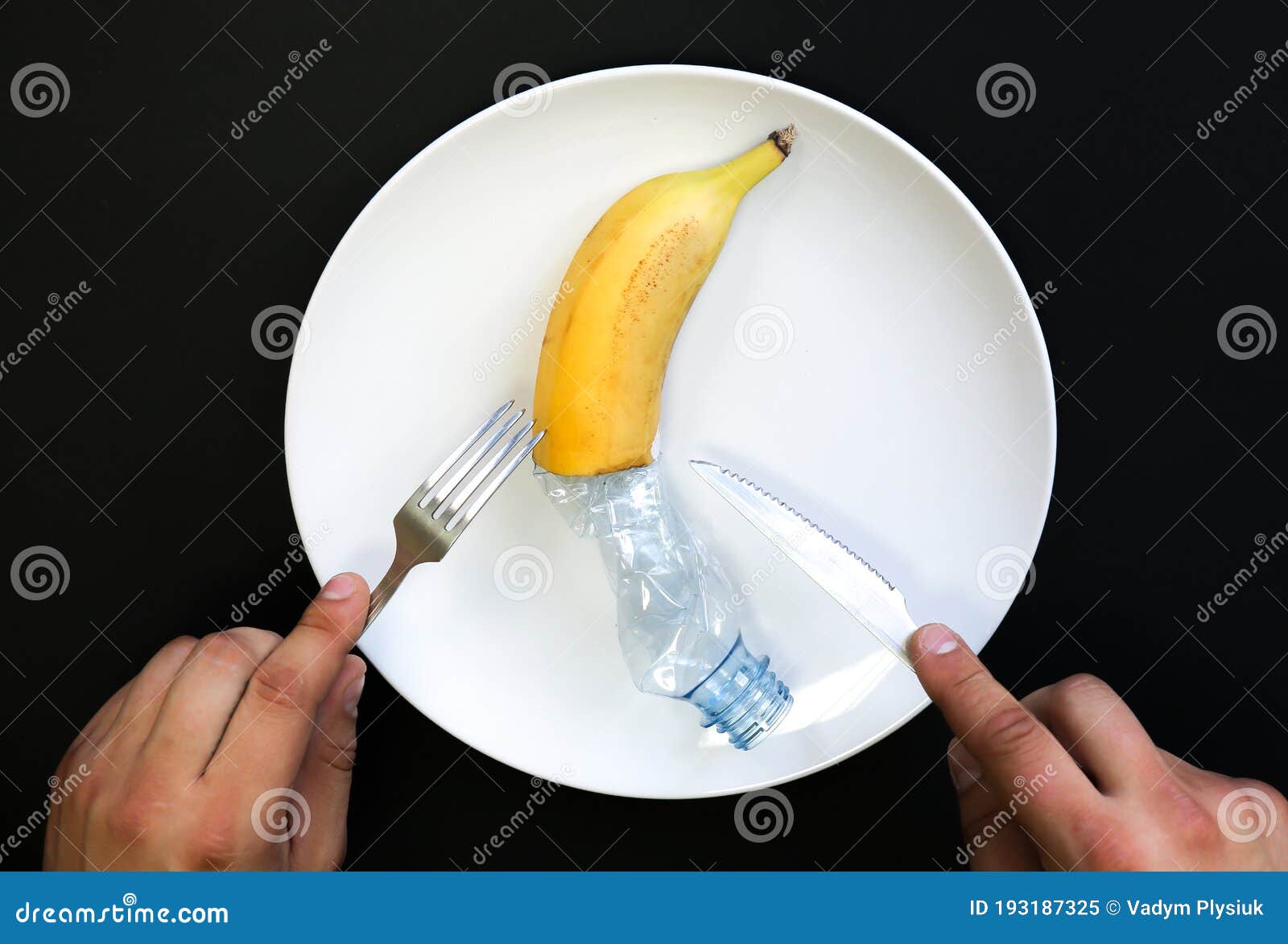 Plastic Bottle and Banana on the Plate. People Eating Polluted Food ...