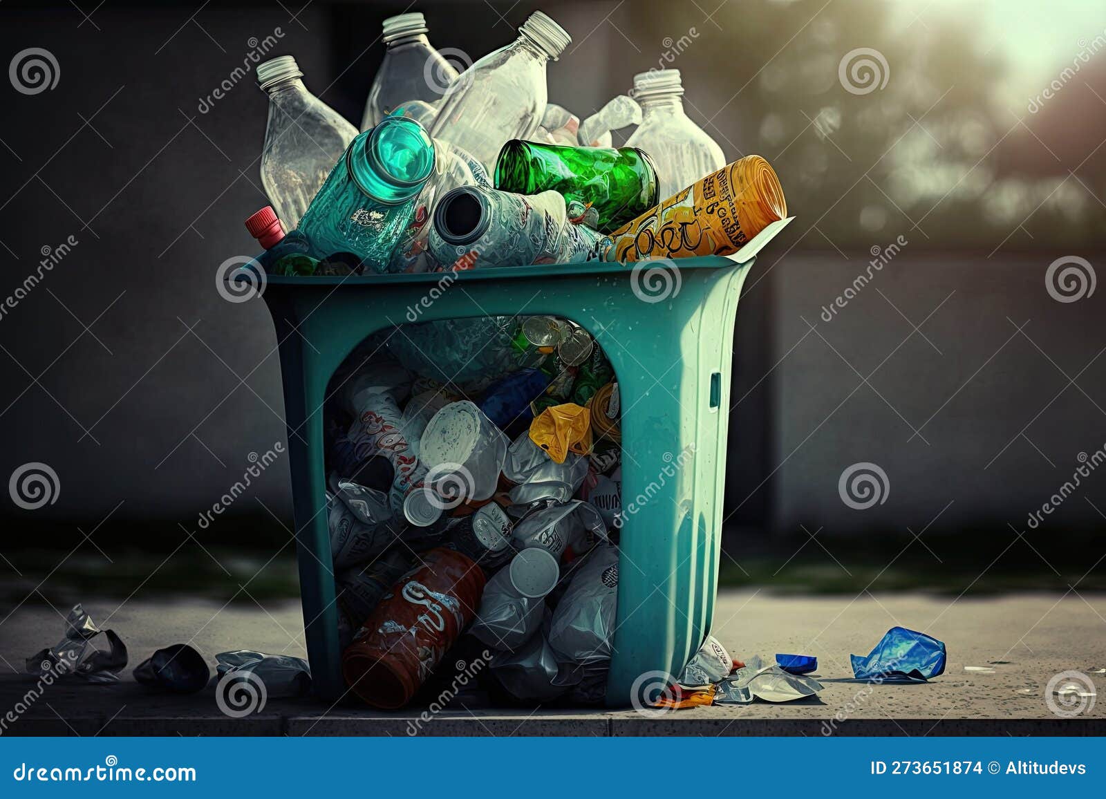 Plastic Bottle Garbage Bin Overflowing with Empty Plastic Bottles and