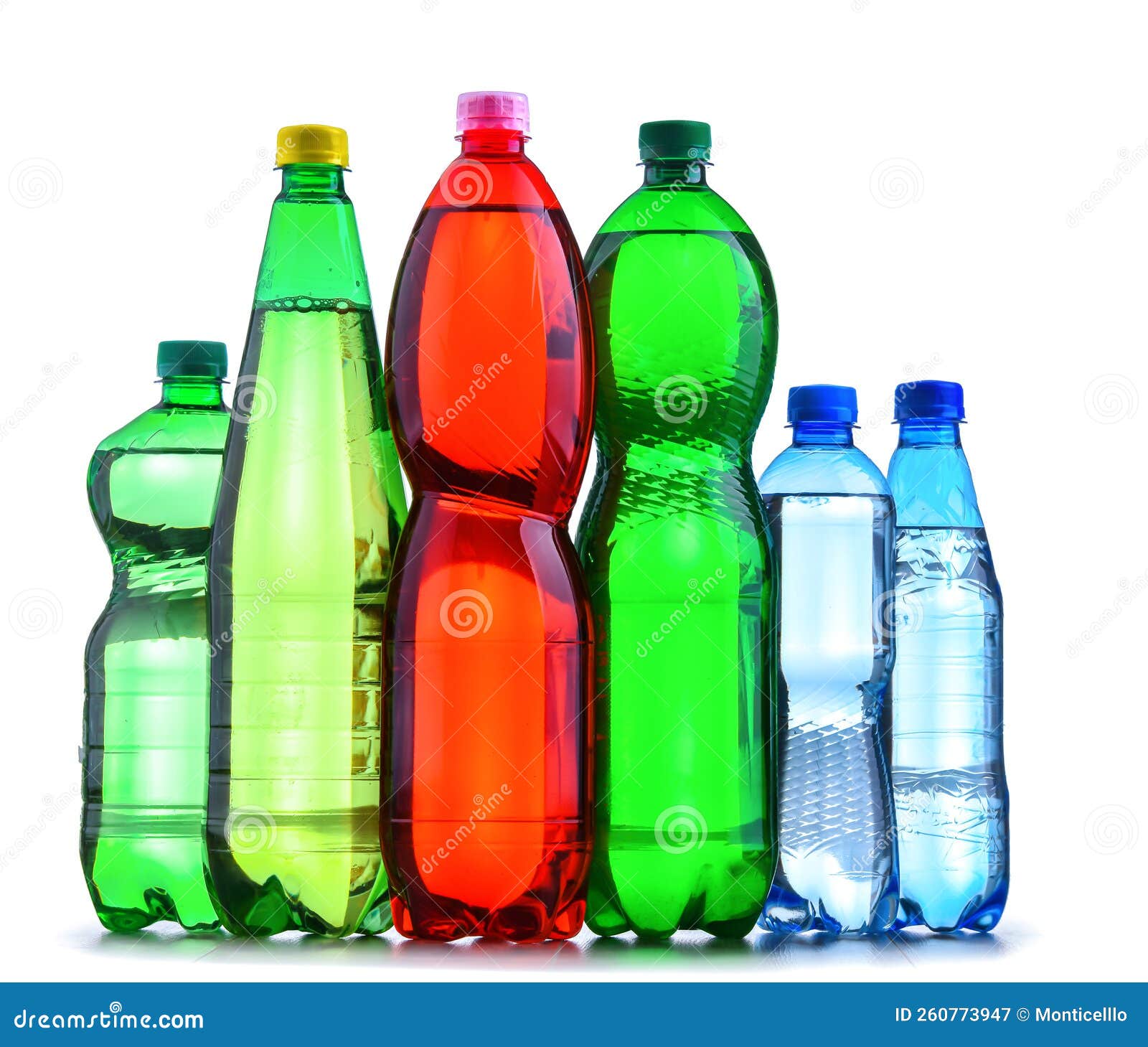Plastic Bottles of Assorted Carbonated Soft Drinks Over White Stock