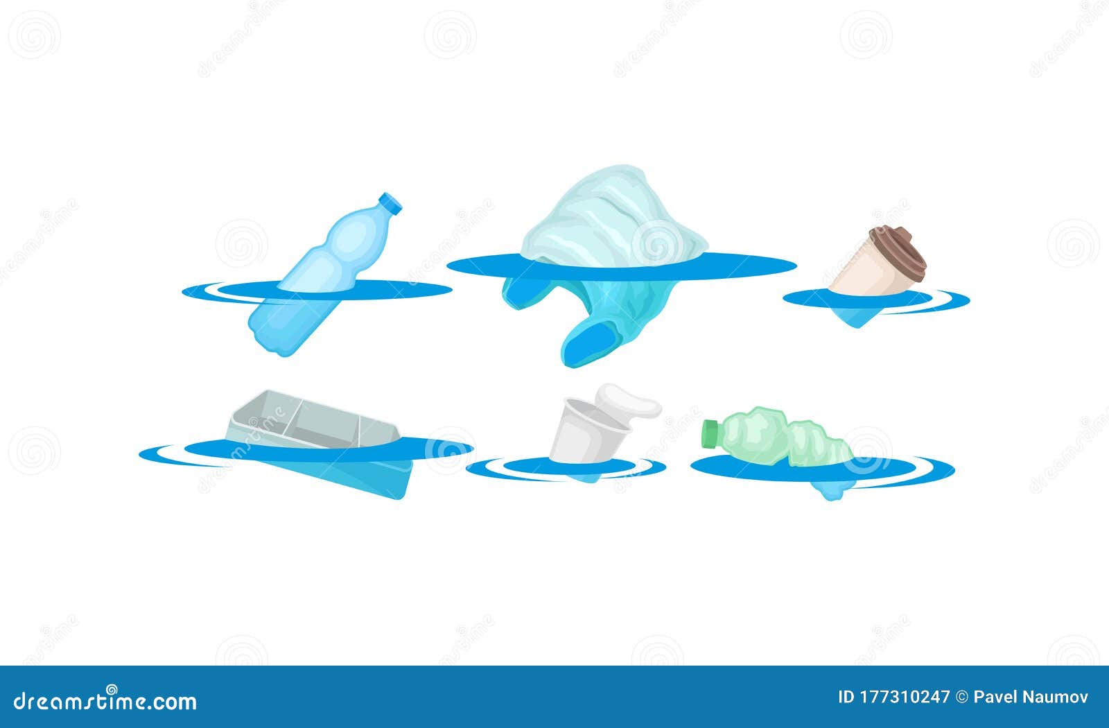 Plastic Bottles and Bags Floating in the Ocean Vector Set Stock Vector