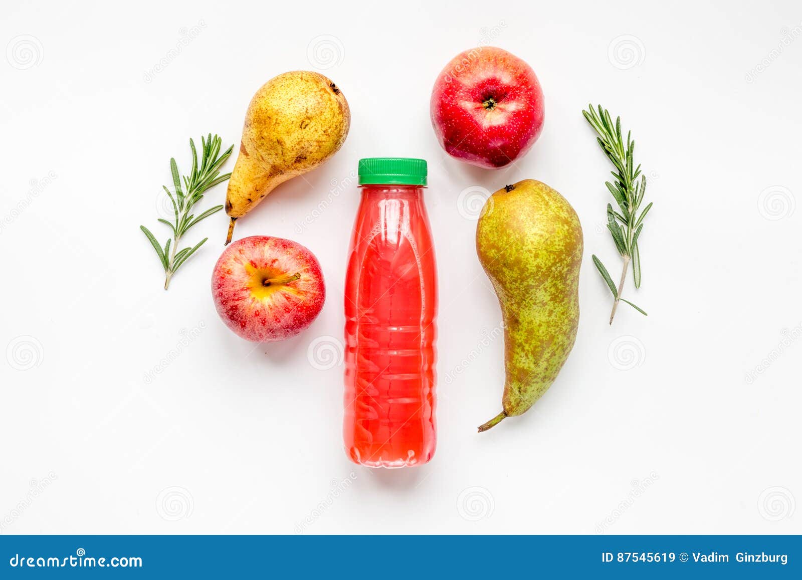 Plastic Bottles with Fruit Drinks on White Background Top View Mockup