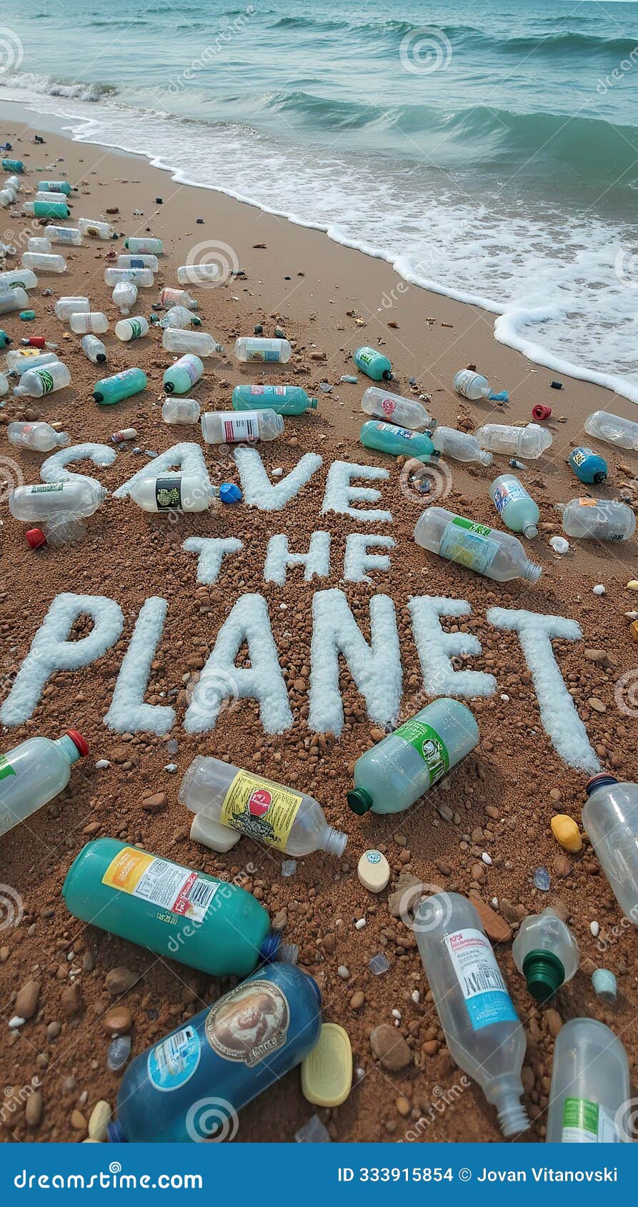 save the planet message on polluted beach with plastic waste