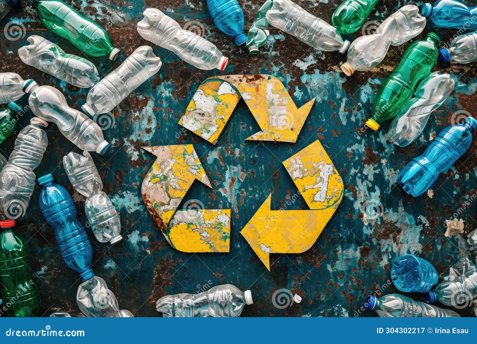 Plastic Bottles with a Yellow Recycling Symbol from Above Stock