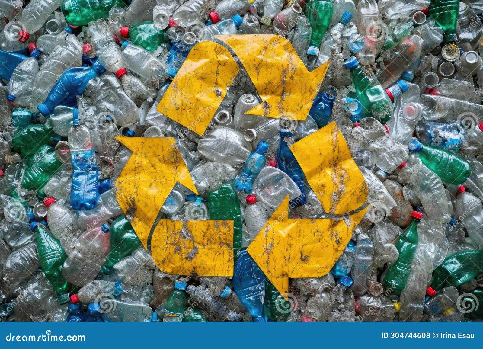 Plastic Bottles with a Yellow Recycling Symbol from Above Stock Photo