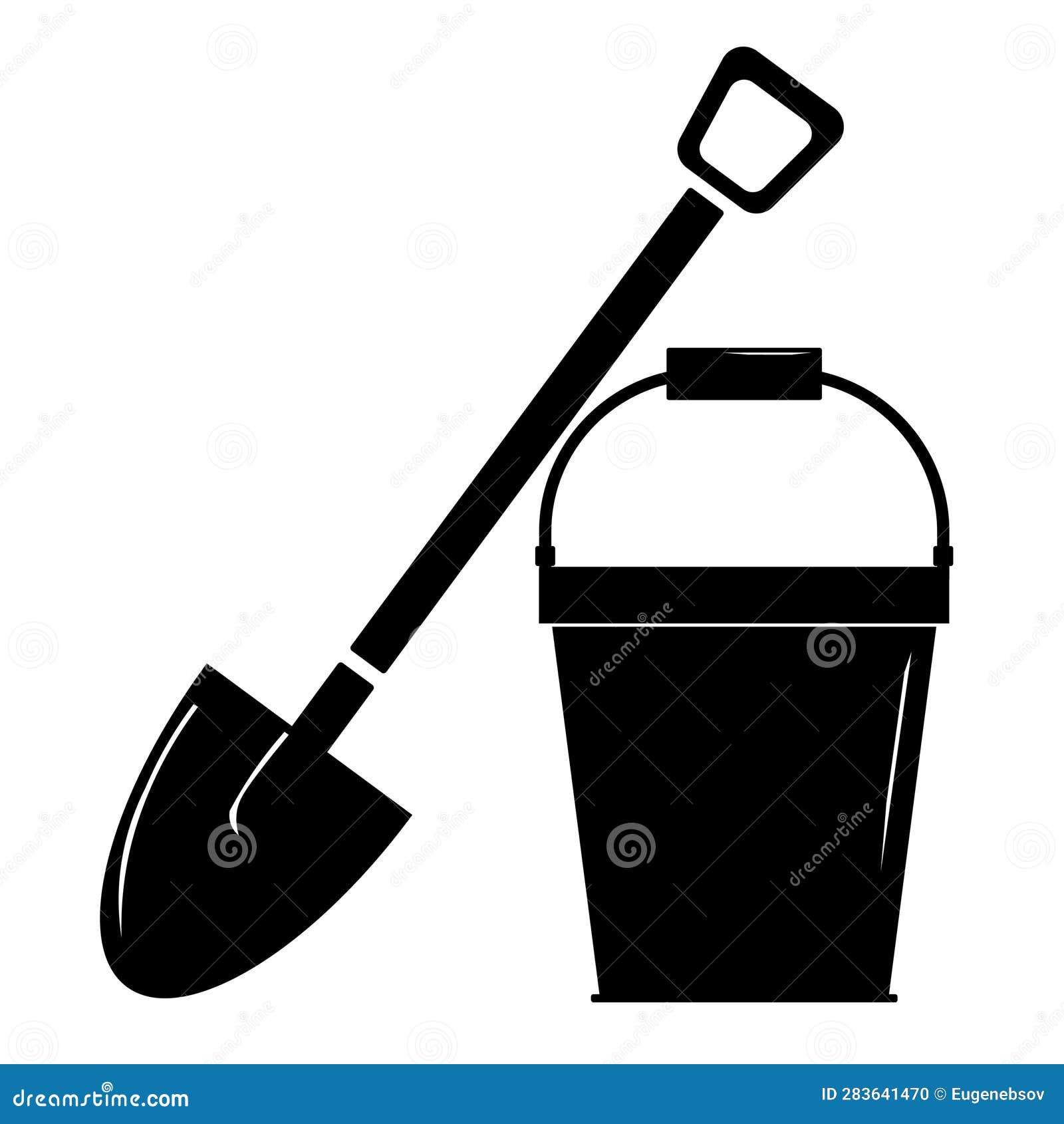 Plastic Bucket and Shovel Icon in Modern Silhouette Style Design Stock