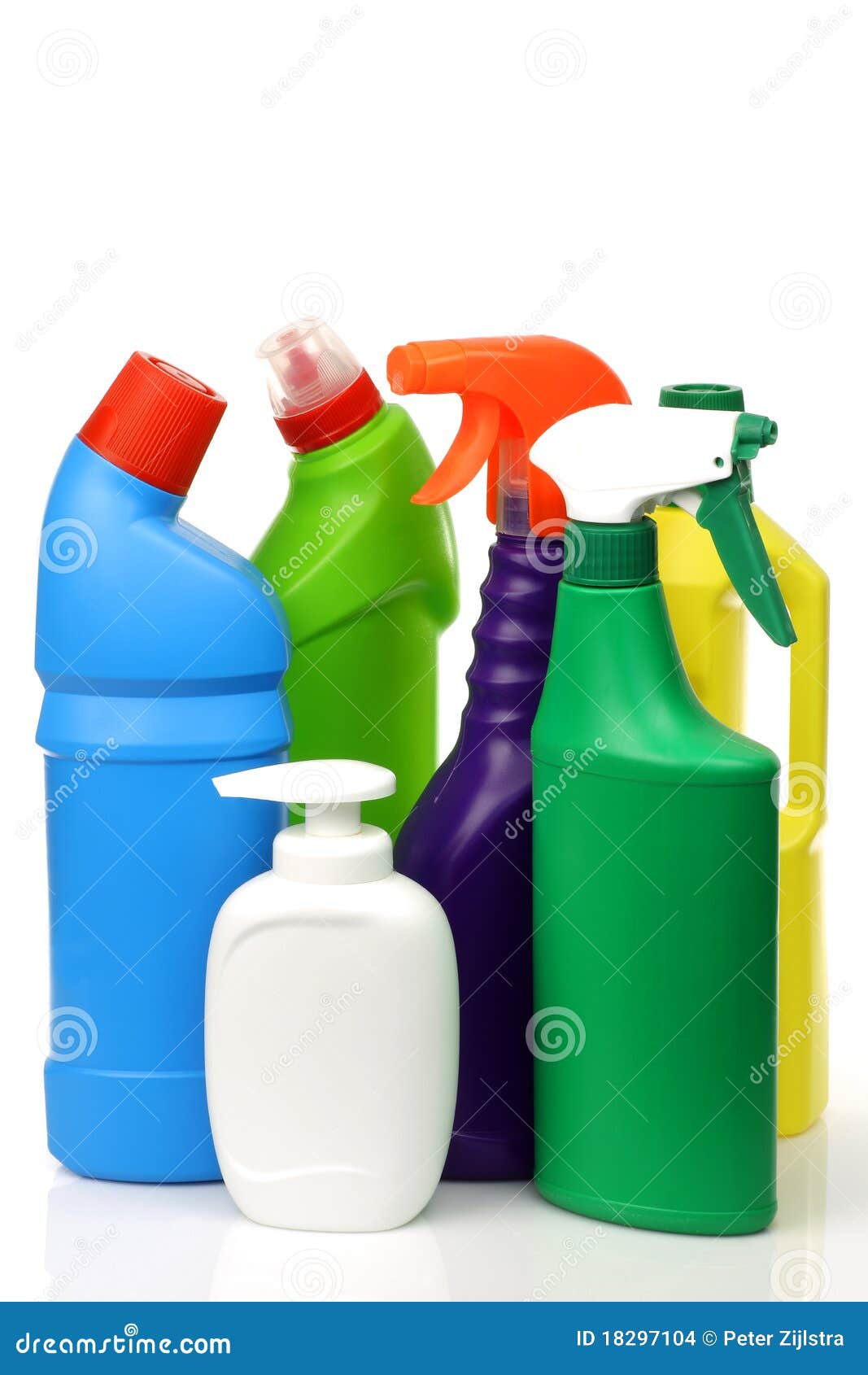 plastic cleaning bottles in various colors