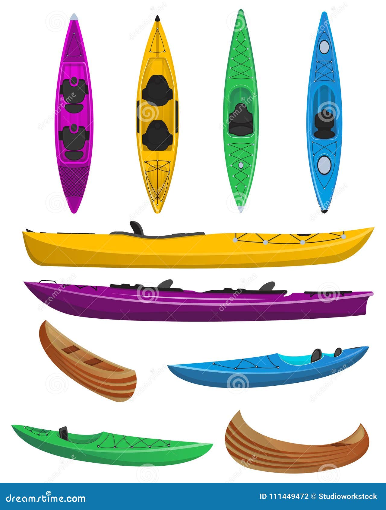 Plastic colorful kayaks isolated set