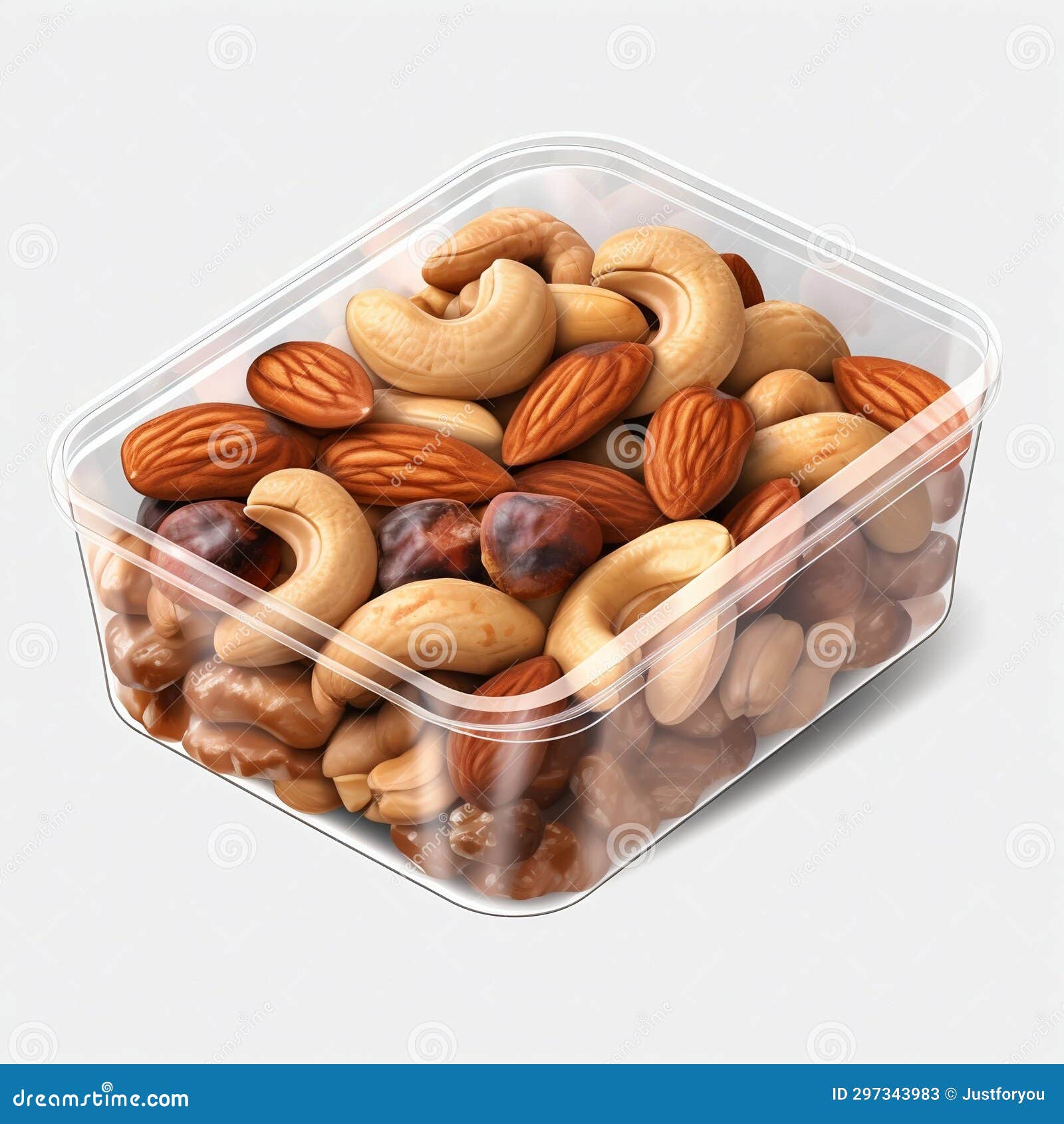Plastic Container with Assorted Nuts Isolated on White Background