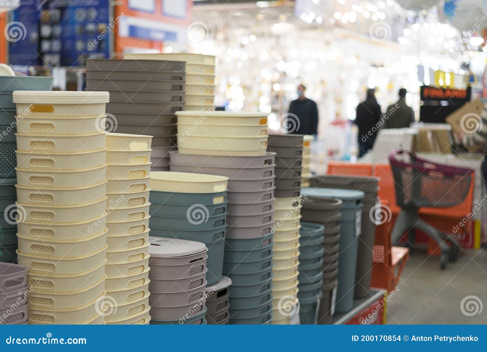 Plastic Crates in a Hardware Store. Automated Storage Warehouse with