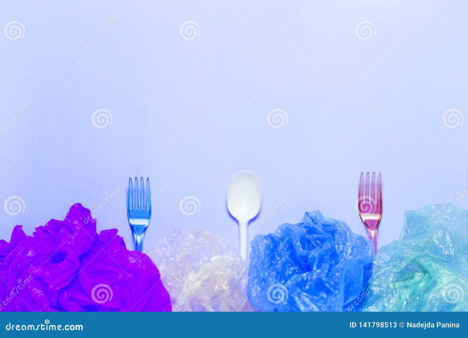 Plastic Cutlery and Plastic Bag in Plate. Setout with Plastic Garbage