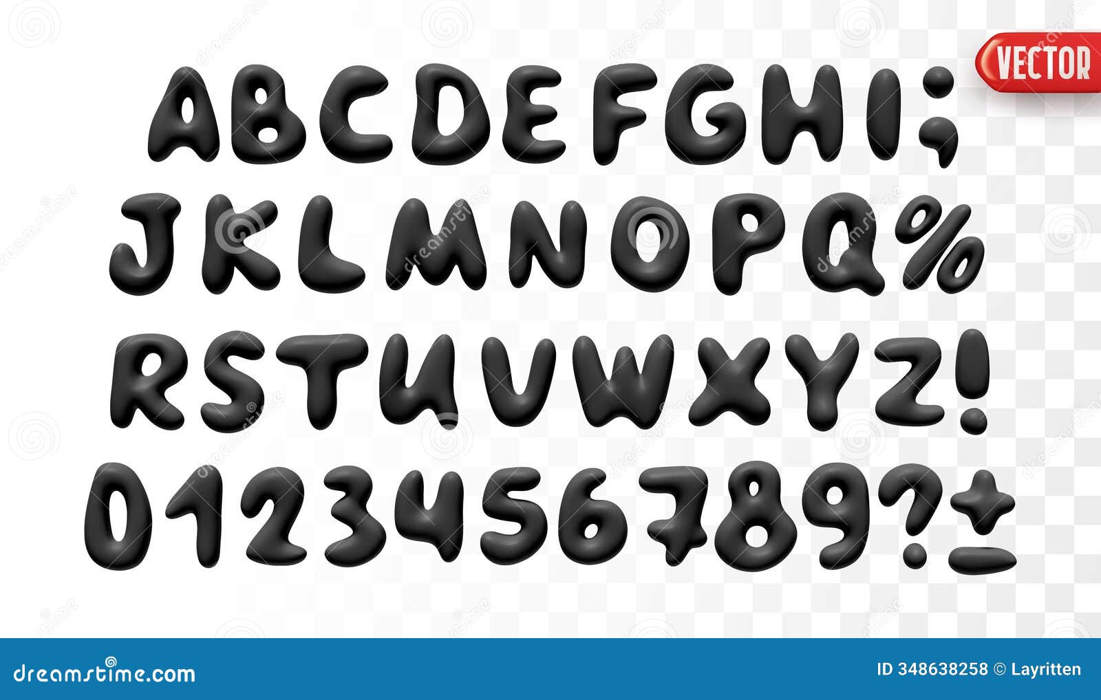 plastic 3d realistic font liquid s black colors. a set of letters and numbers  on a white background with a