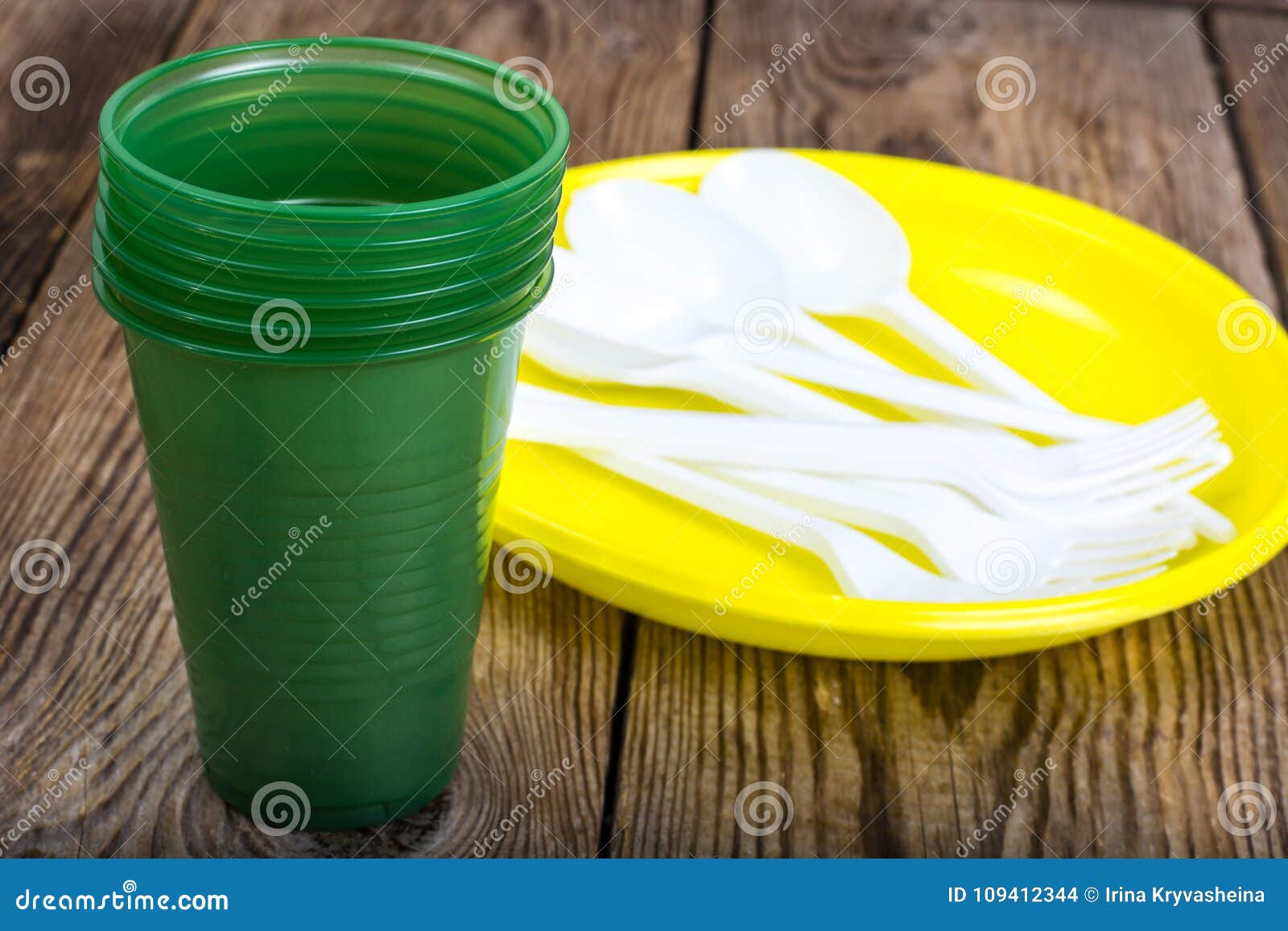 Plastic Disposable Tableware on Wooden Table Stock Photo Image of