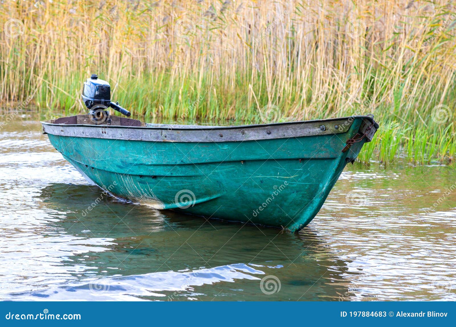 Plastic Fishing Boat with Motor on the Lake Stock Image - Image of