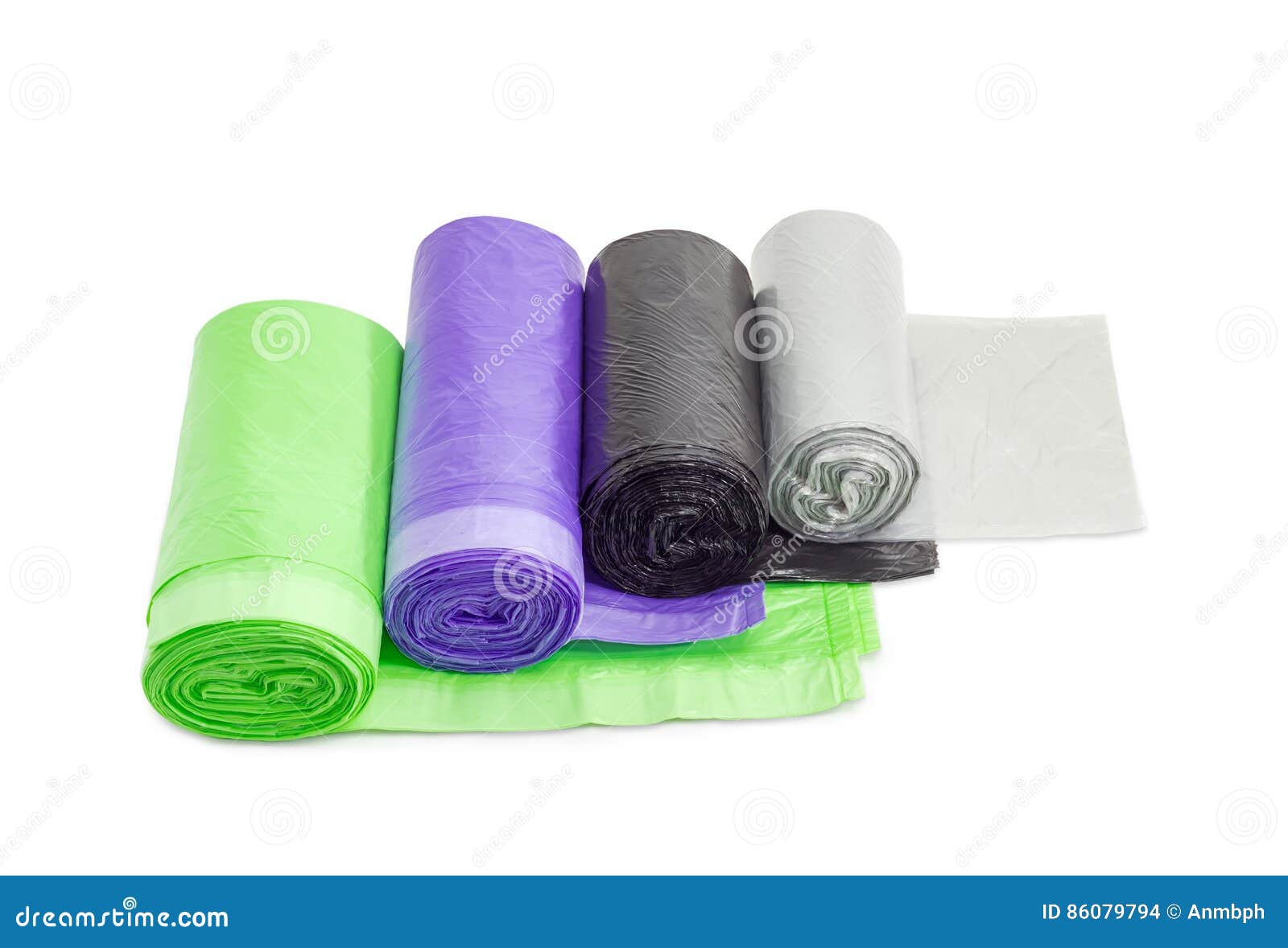 Plastic Garbage Bags in Rolls of Different Sizes and Colors Stock Photo