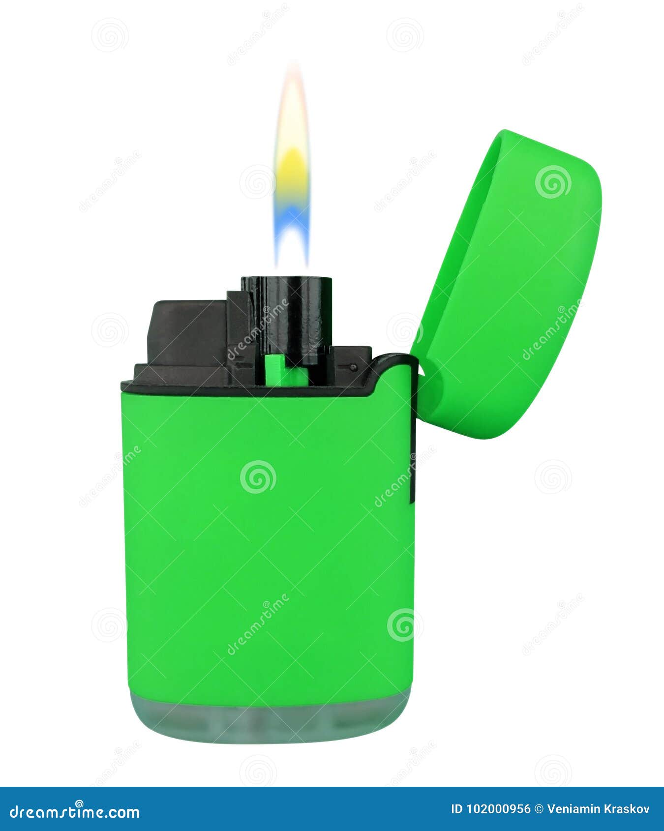 Plastic Gas Lighter with Flame Green Stock Photo Image of view