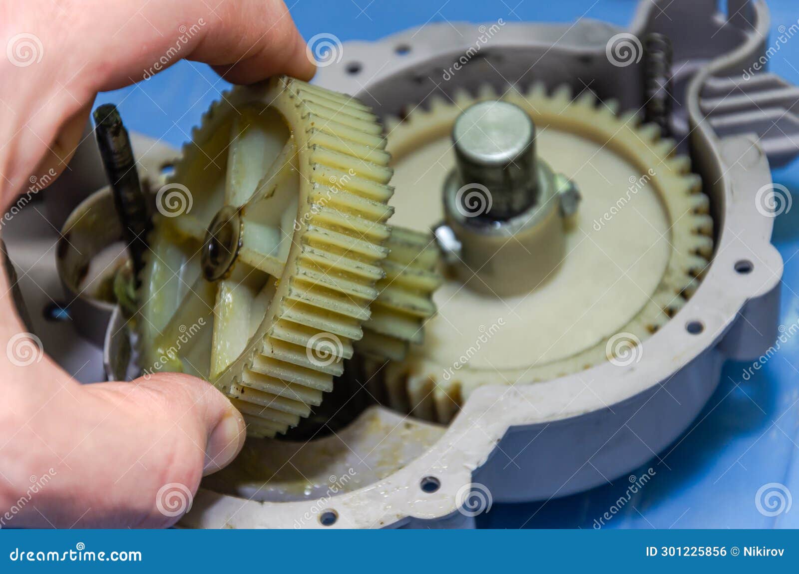 Plastic Gears of a Disassembled Gearbox in a Repair Shop Stock Photo