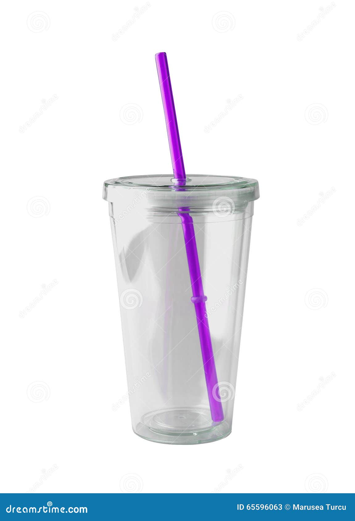 Violet glass cup with lid and straw on a white background isolated