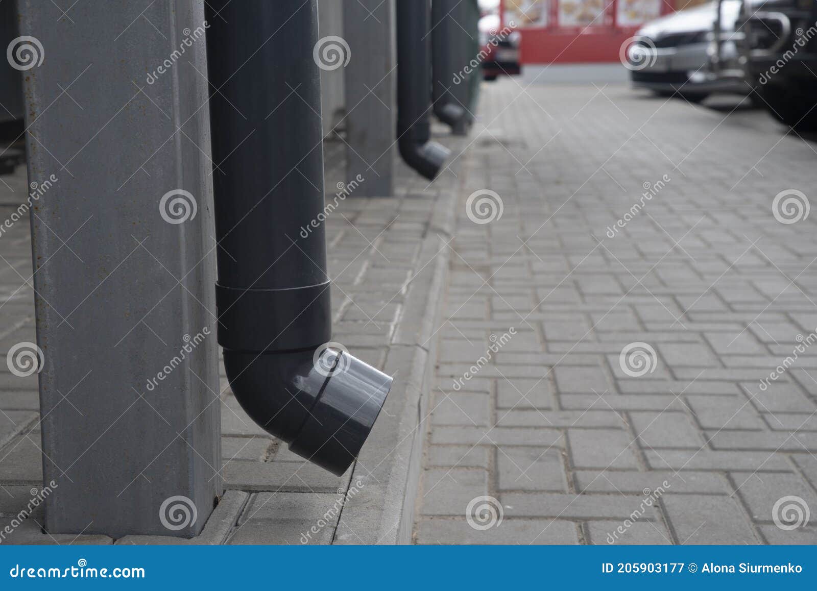 Plastic Gutter System Graphite Color Closeup, Drain Elbow Stock Image