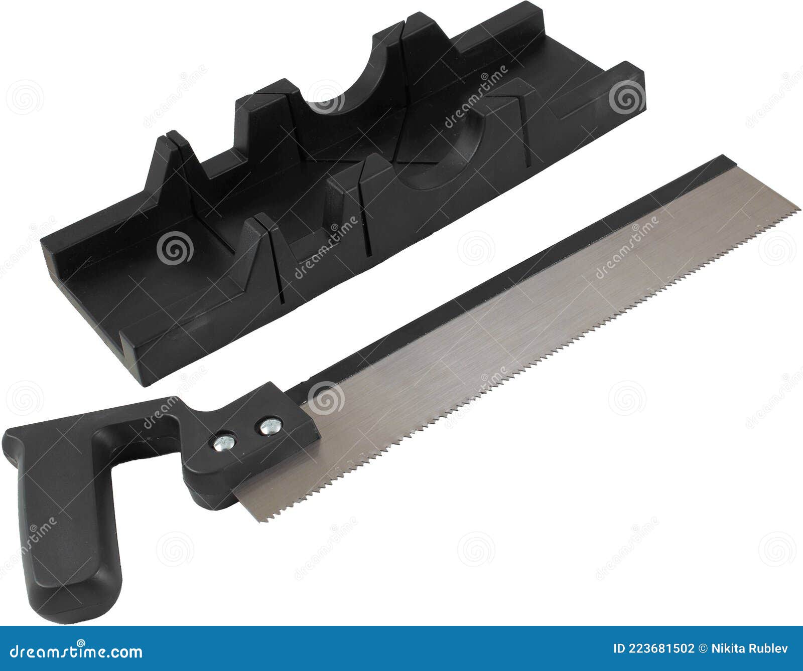 Plastic Hand Saw and Angle Cut Miter Box Tool Isolated on White Background Stock Photo Image