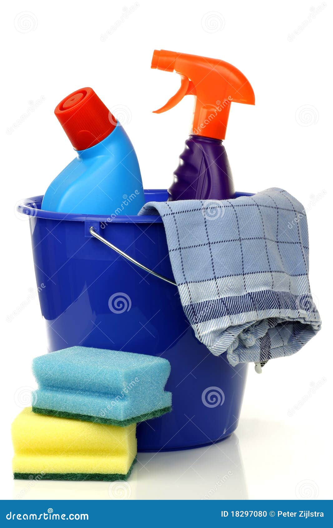Plastic Household Bucket with Two Cleaning Bottles Stock Photo Image