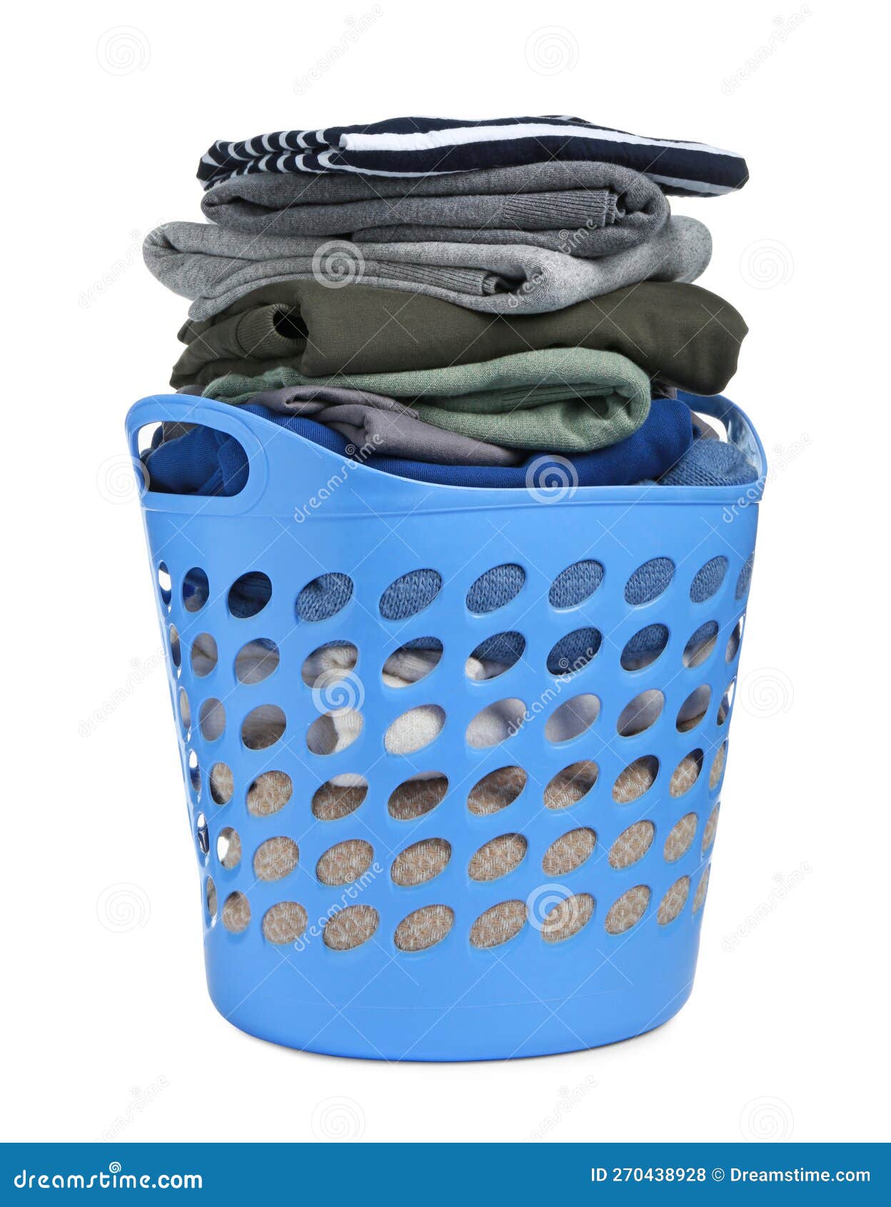 Plastic Laundry Basket with Clean Clothes Isolated on White Stock Photo