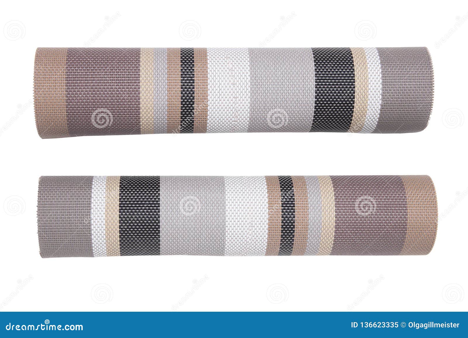 plastic mats backgrounds. two roles of woven plastic material with a colorful pattern  on a white background