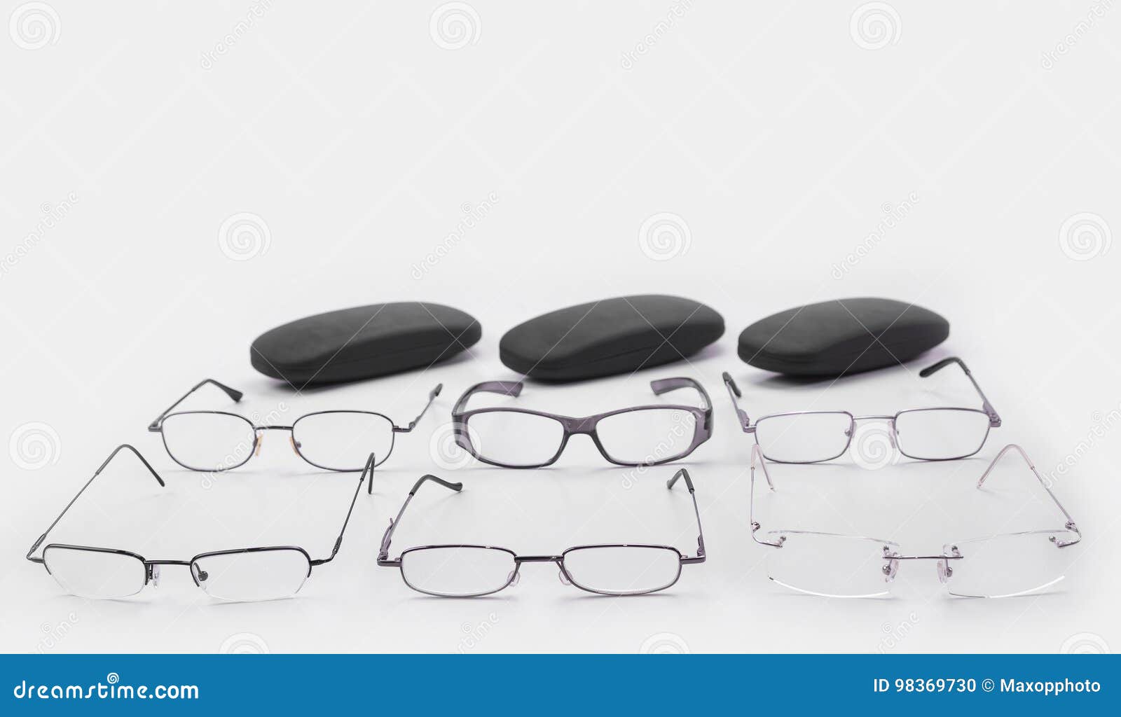 Plastic and Metal Frames in Lines with Cases on White Stock Photo