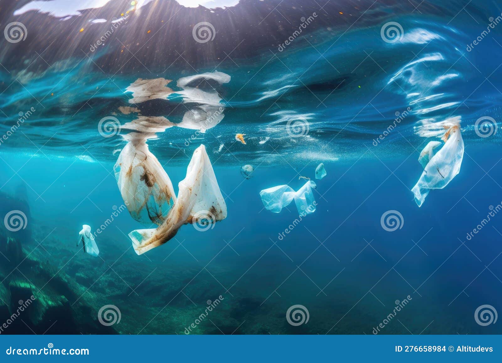 Plastic Pollution in the Ocean, with Floating Plastic Bags and Bottles