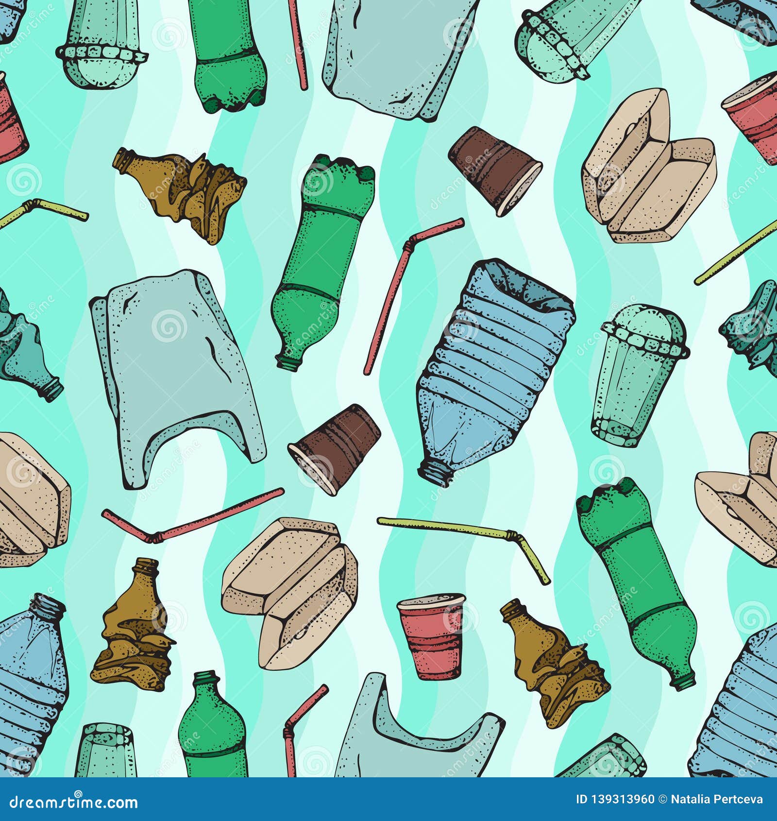 Plastic Pollution Seamless Pattern. Vector Illustration Hand Drawn