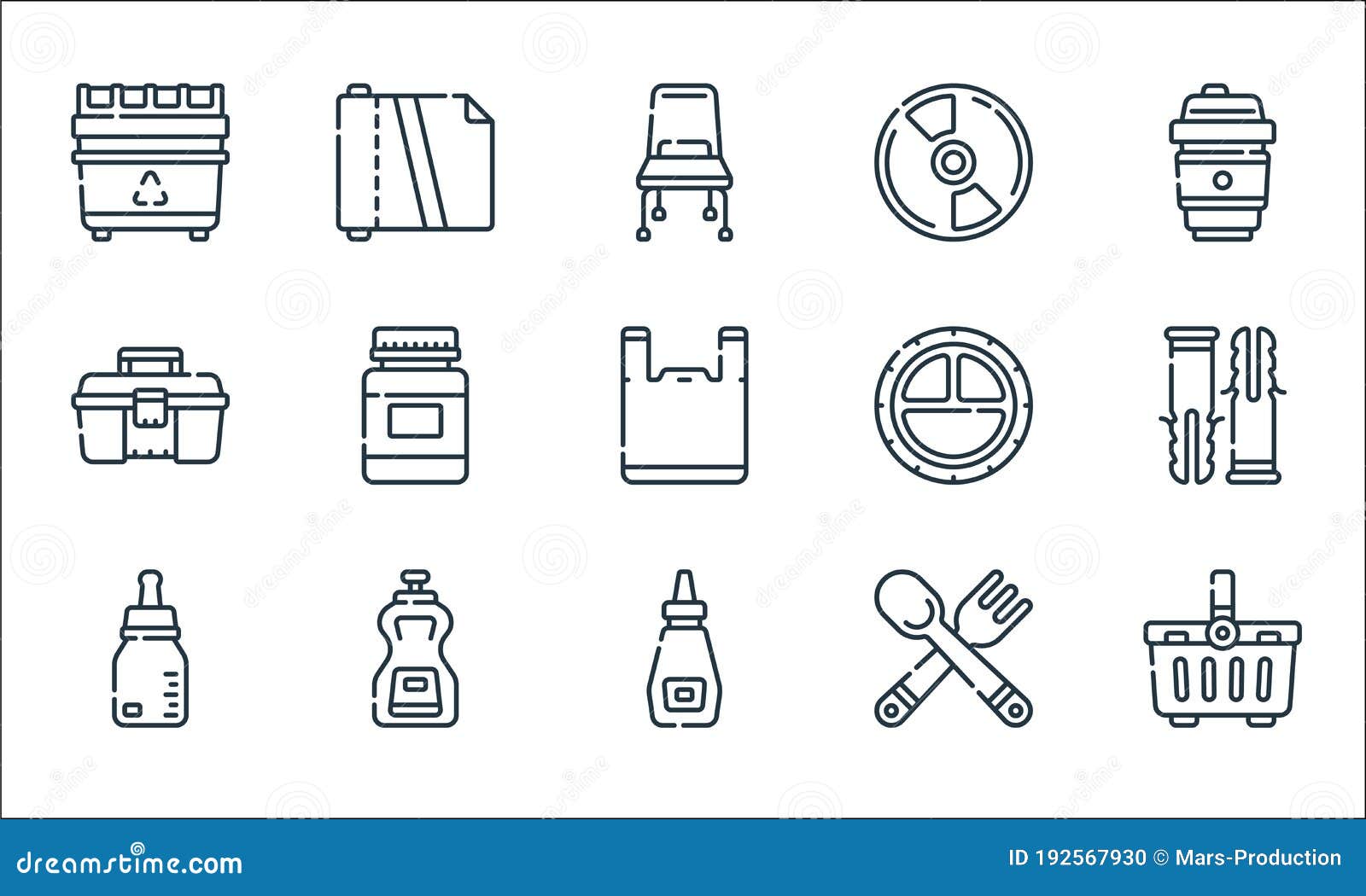 plastic products line icons. linear set. quality  line set such as basket, mayonaisse, baby bottle, cutlery, sauce, toolbox