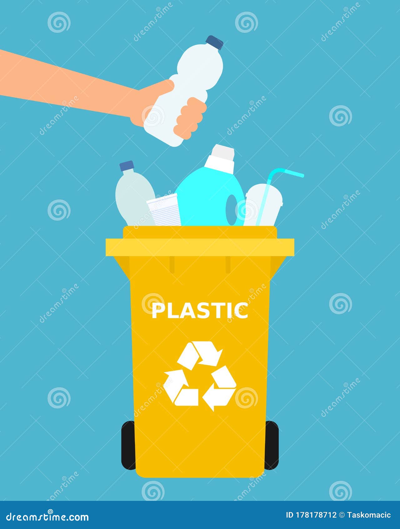 Plastic Recycling. Hand Throwing A Plastic Bottle Into A Recycle Bin