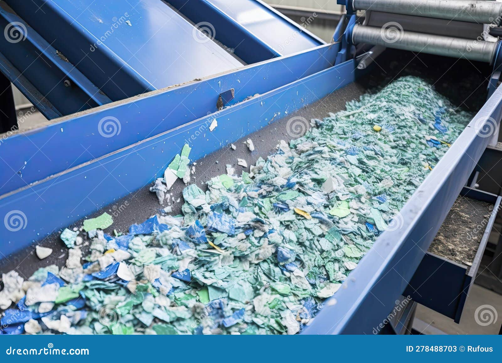 Plastic Recycling Plant. Conveyor with Shredded Plastic Stock