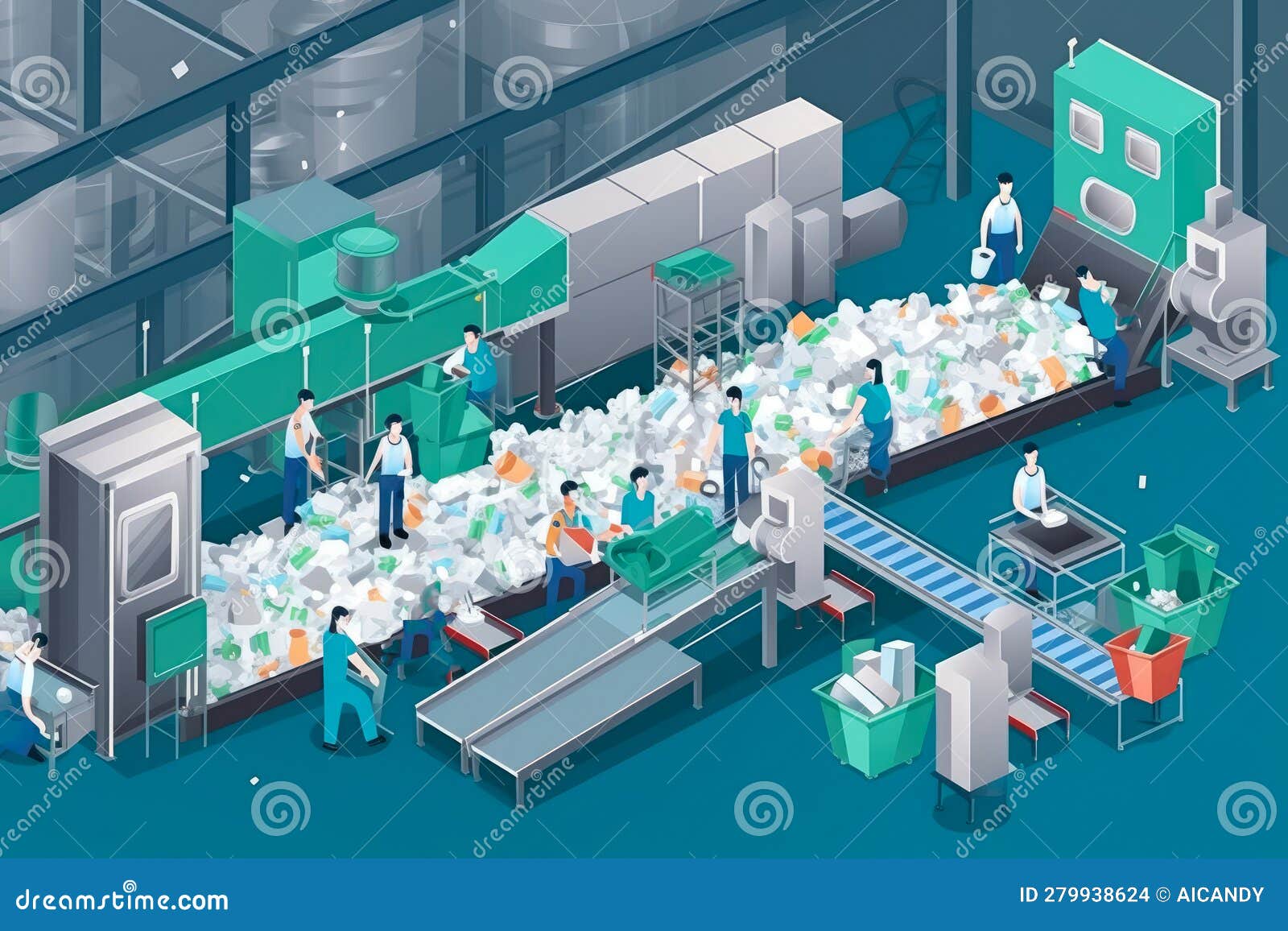 Plastic Recycling Plant with Workers Sorting Various Plastic Materials