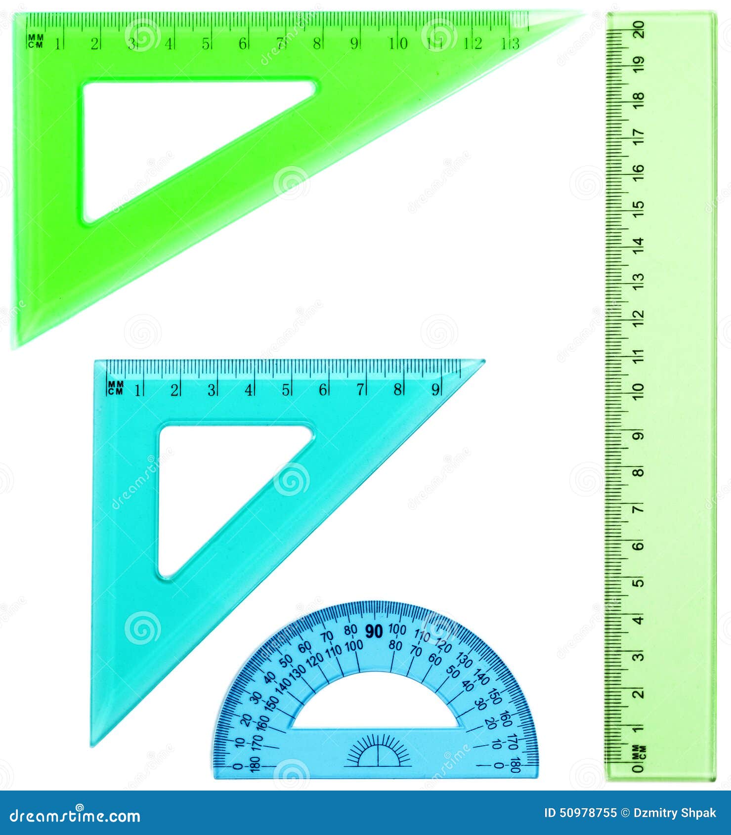 plastic ruler protractor triangle isolated on white