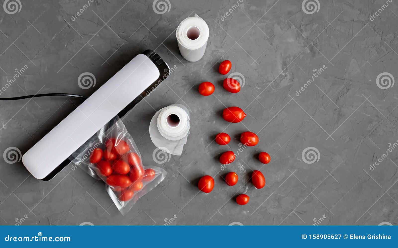 Plastic Sealing Machine. Vacuum Packaging of Fresh Tomatoes. Flat Lay