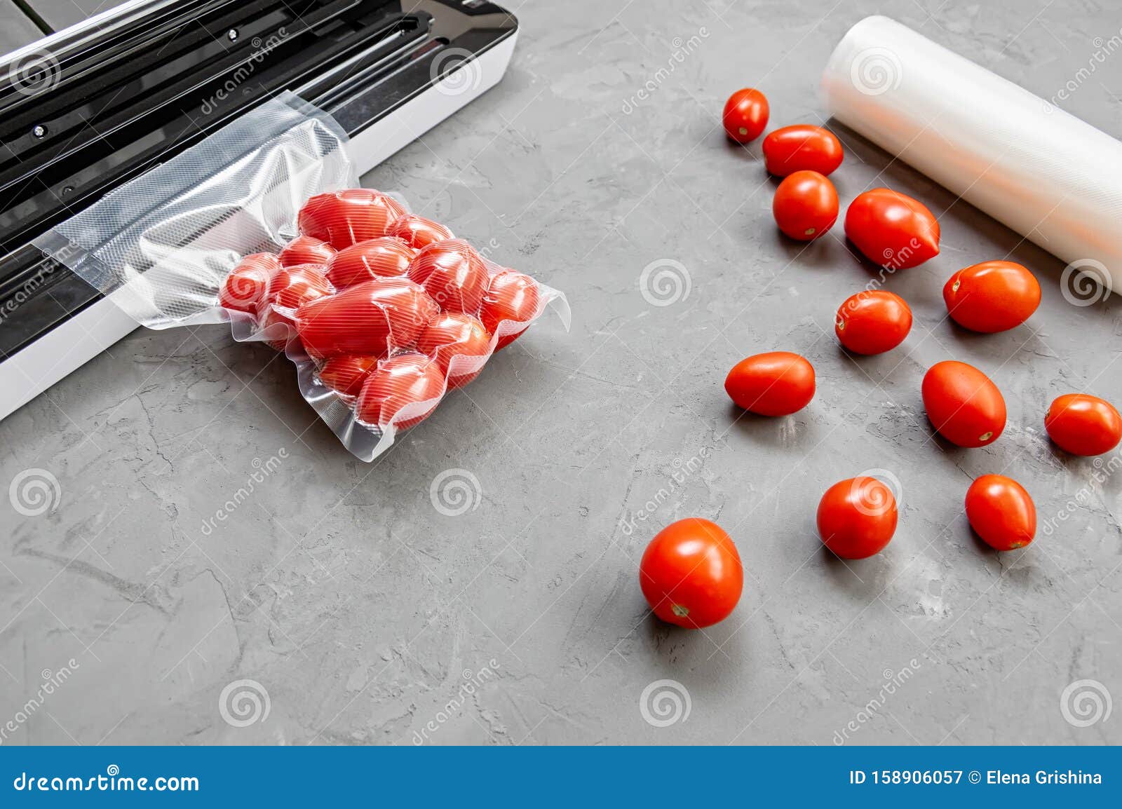 Plastic Sealing Machine. Vacuum Packaging of Fresh Tomatoes. Flat Lay