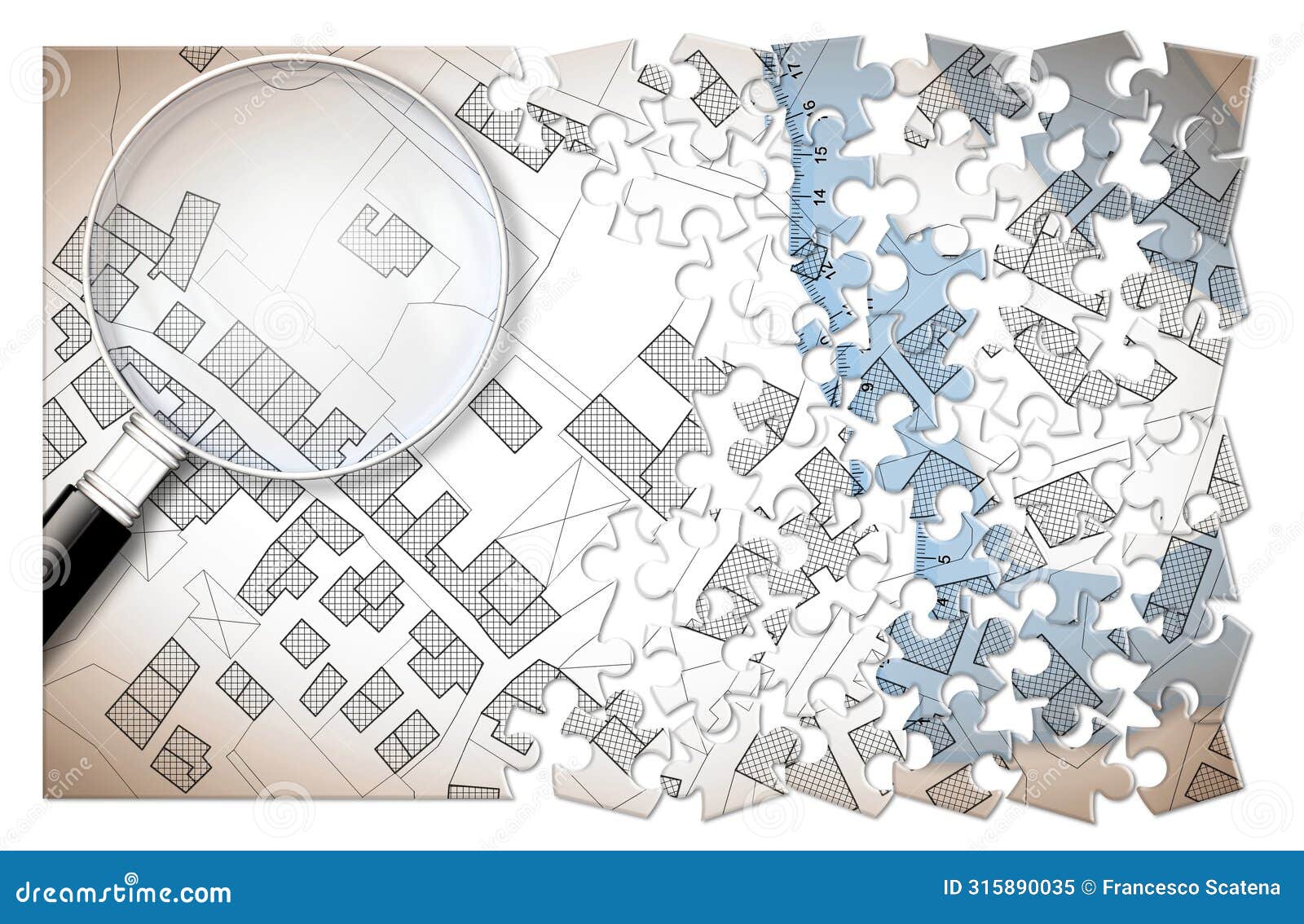 plastic set square and magnifying glass over an imaginary cadastral map of territory with buildings, fields and roads