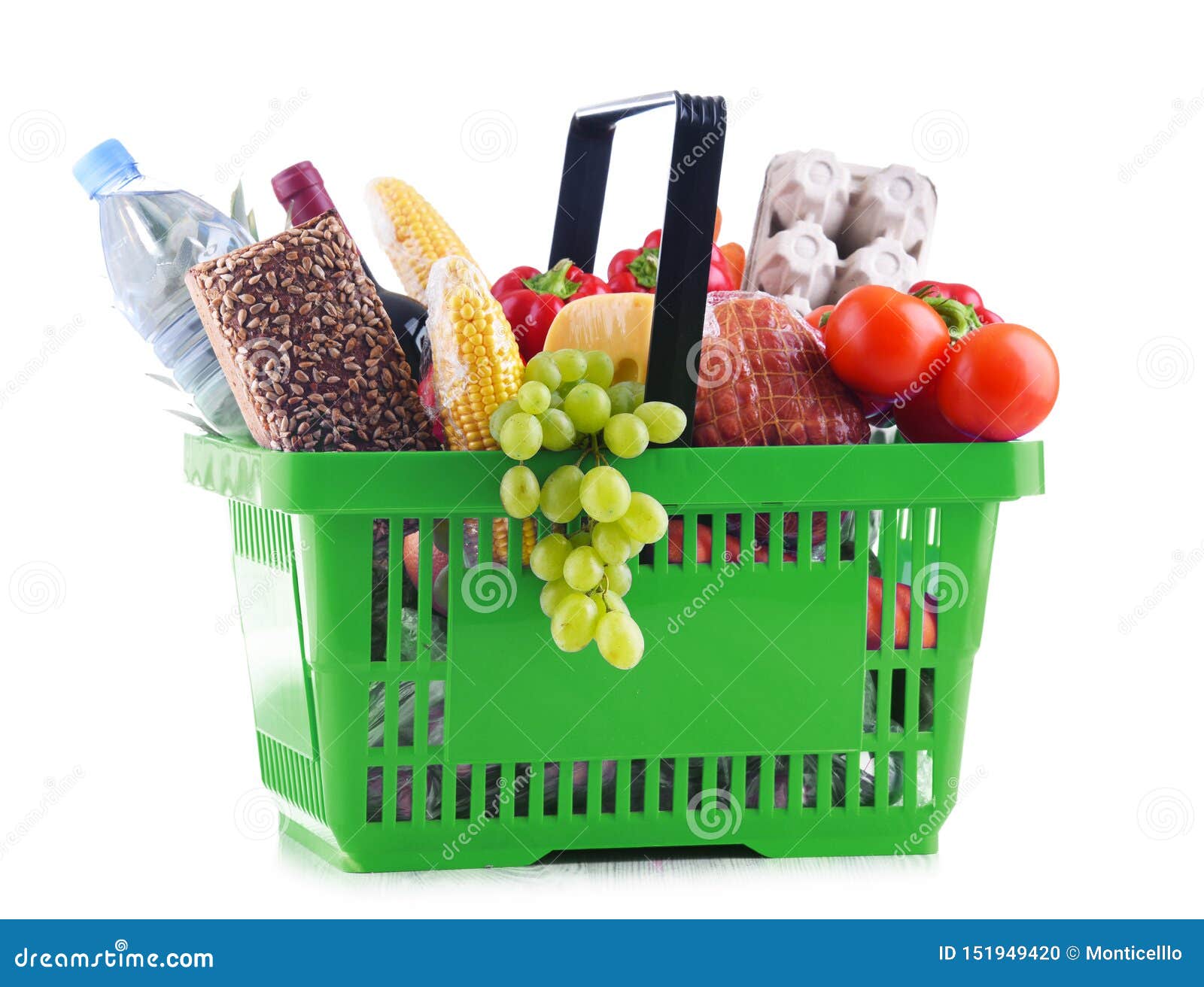 Plastic Shopping Basket with Assorted Grocery Products Stock Photo