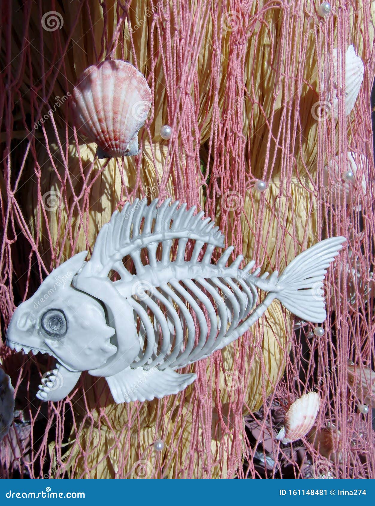 Plastic Skeleton of Fish and Seashells. Pink Halloween