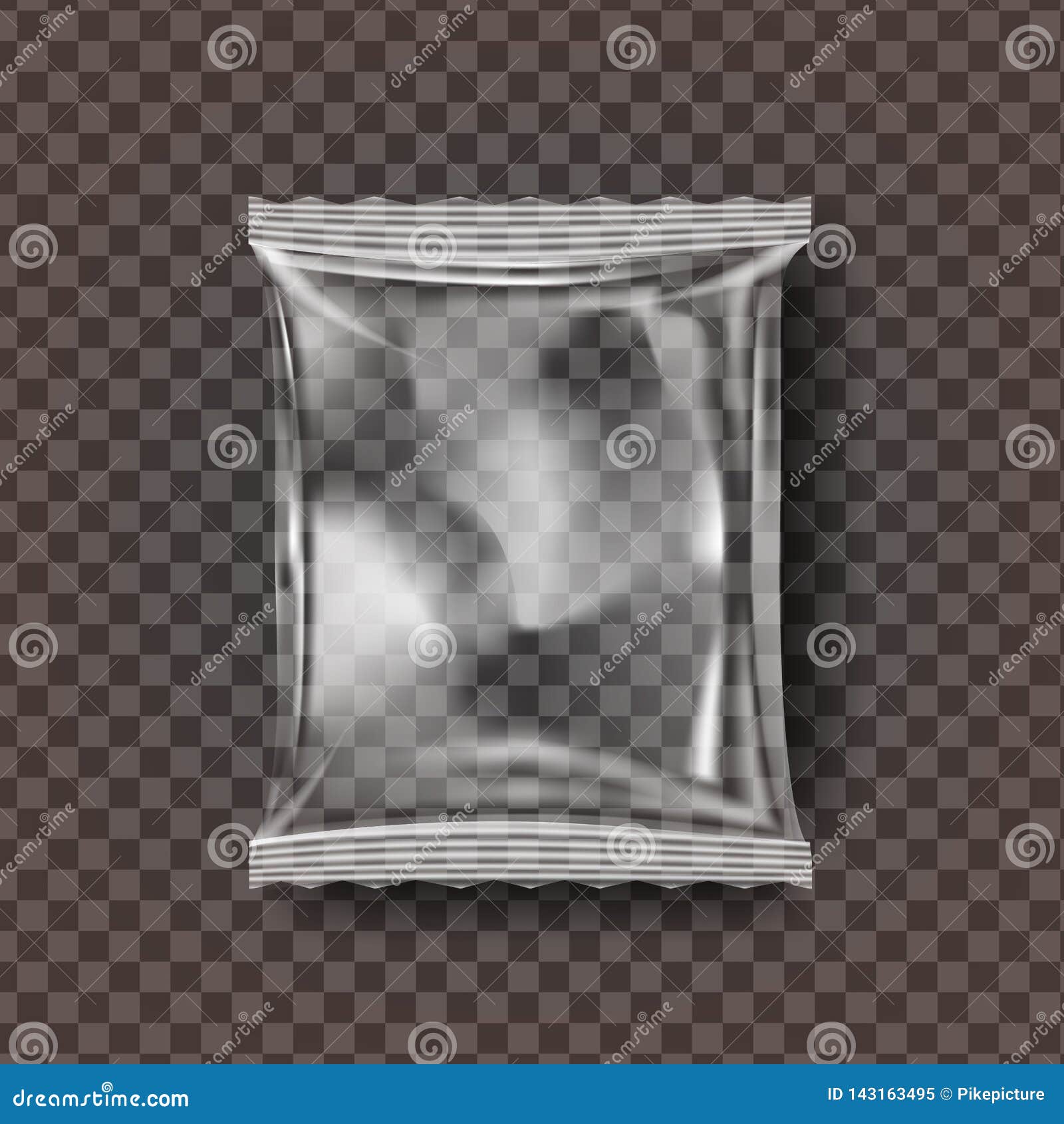 plastic snack packaging . transparent pillow bag wrap. empty product polyethylene mock up template. nylon doy pack
