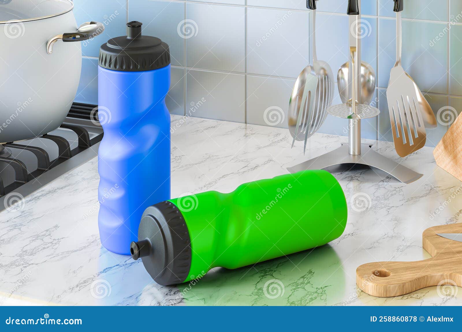 Plastic Sport Water Bottles on the Kitchen Table. 3D Rendering Stock