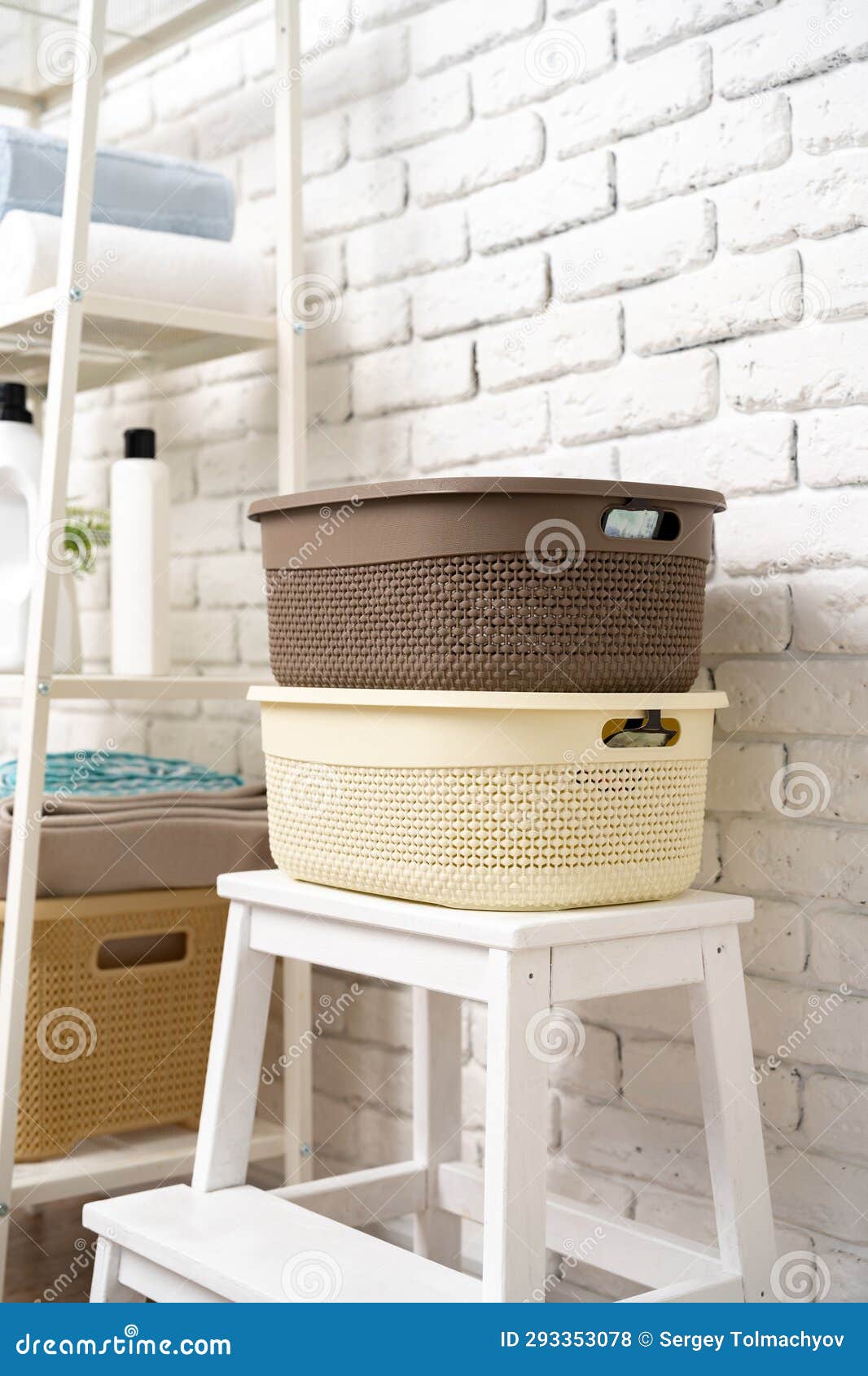 Plastic Storage Baskets in a Bathroom Interior Close Up Stock Photo