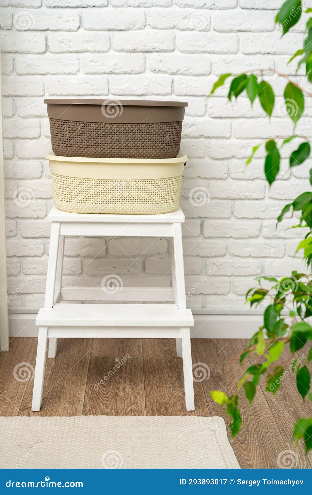 Plastic Storage Baskets in a Bathroom Interior Close Up Stock Image