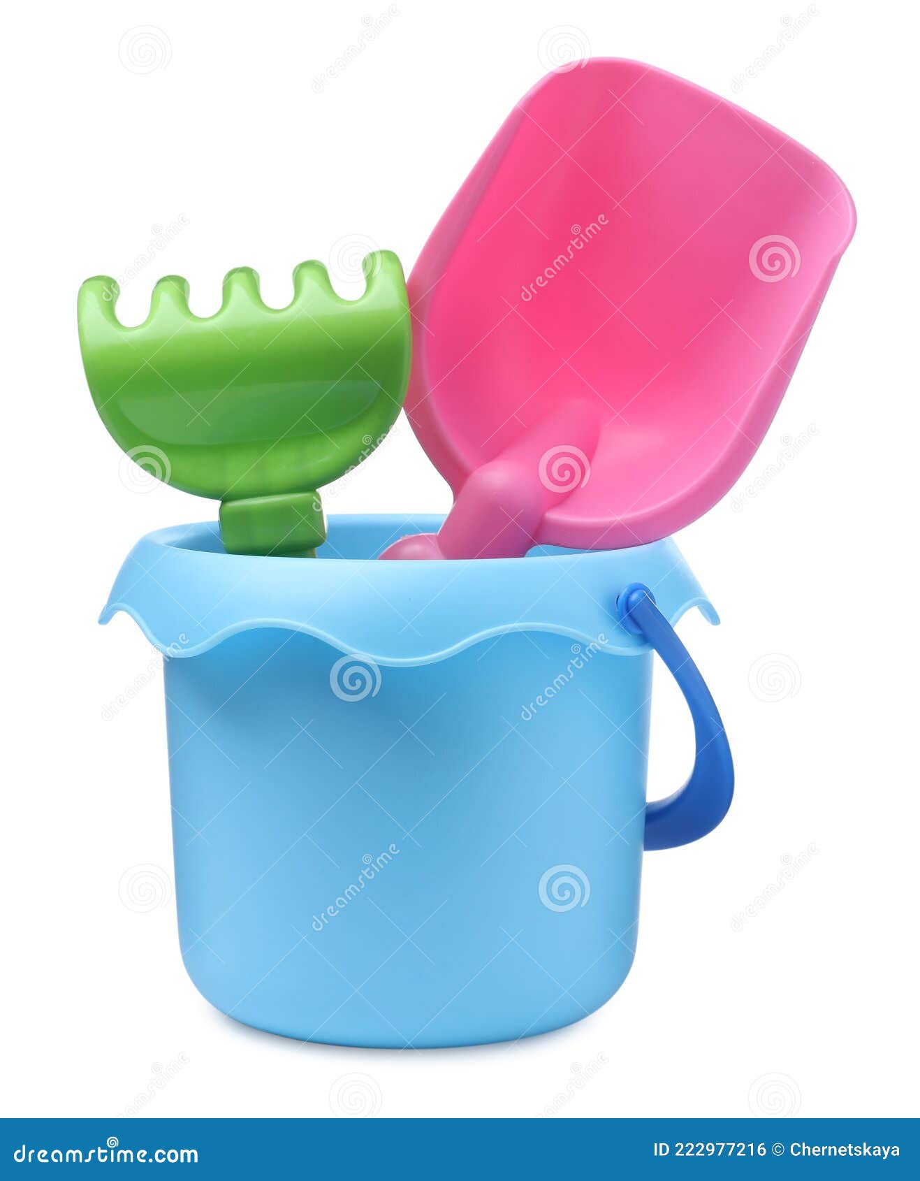 Plastic Toy Bucket with Shovel and Rake on White Stock Photo Image of