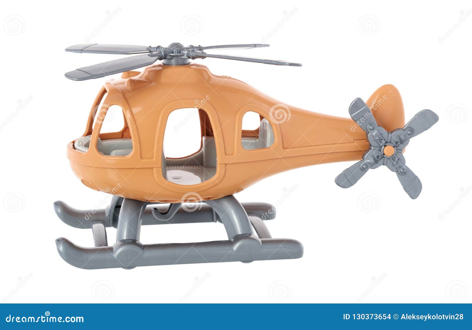 Plastic Toy Helicopter Isolated on White Background. Yellow Helicopter