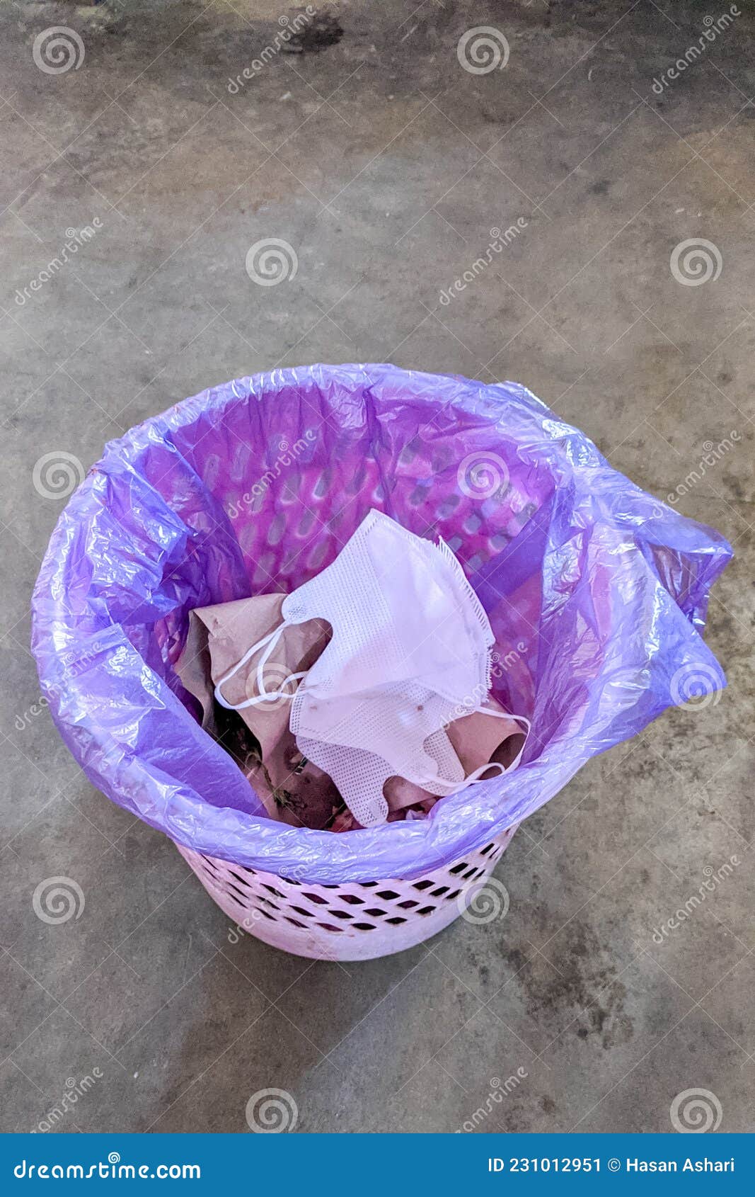 Plastic Trash Can Lined with Plastic Bag on Cement Floor Stock Image Image of jewellery