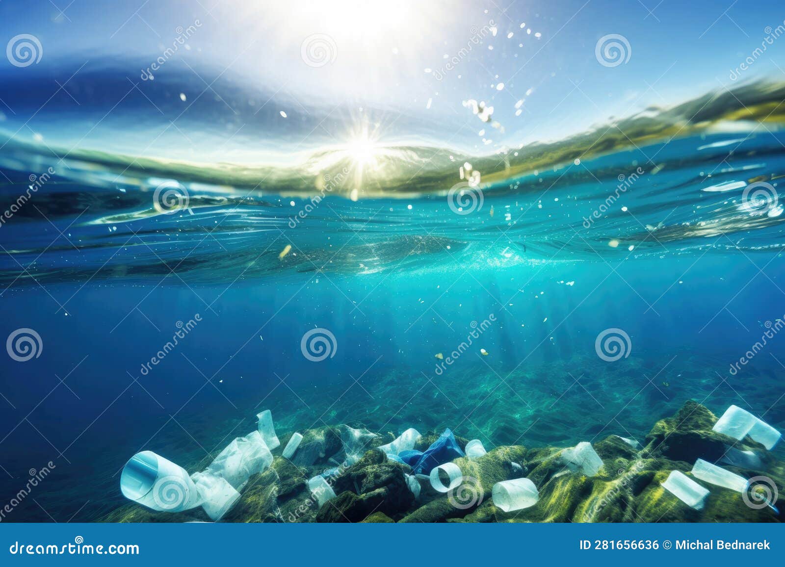 plastic waste, litter and garbage pollute underwater ocean, generative ai